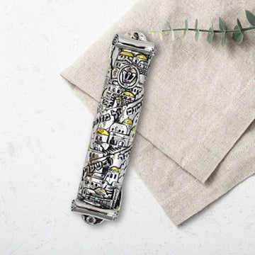 Silver and Gold Jerusalem Mezuzah Case | Judaica