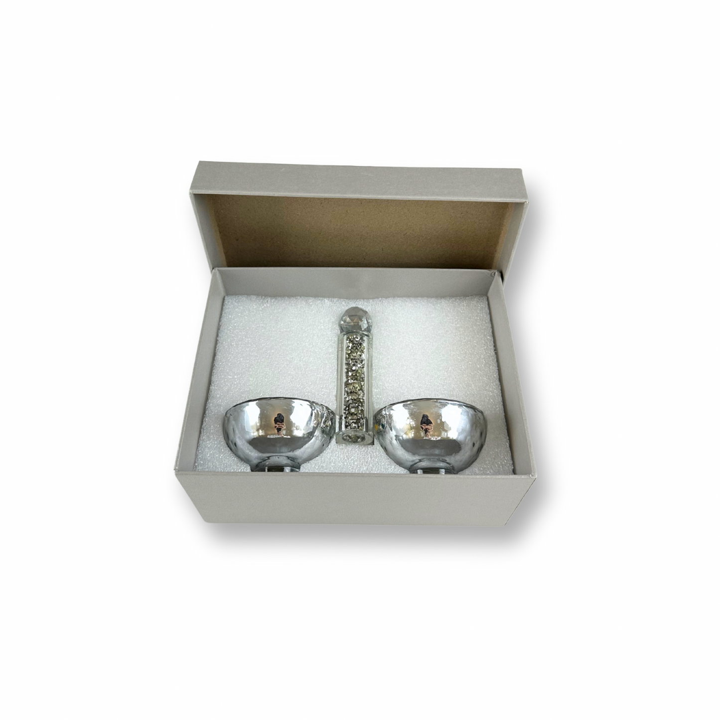 Crystal Salt & Pepper Holders with Silver Glass Chips – 3.94” x 5.51” Shabbat Table Set