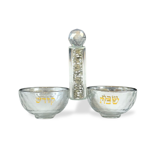 Crystal Salt & Pepper Holders with Silver Glass Chips – 3.94” x 5.51” Shabbat Table Set