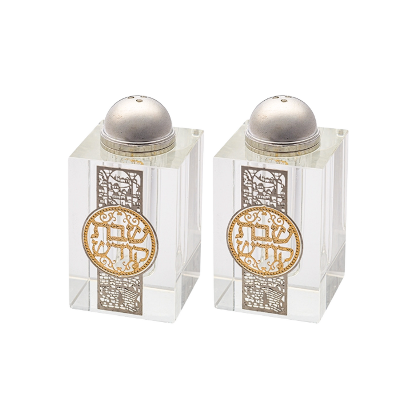 Crystal Salt & Pepper Shakers – 3.1"x1.6" with Laser-Cut Jerusalem Design & "Shabbat Kodesh" Plaque