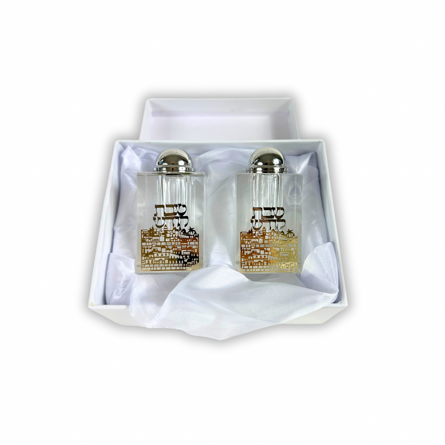 Crystal Salt & Pepper Shakers with Laser-Cut Jerusalem style Plaque – 3.15” x 1.57” Elegant Tableware Set