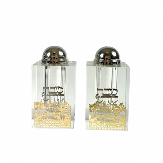 Crystal Salt & Pepper Shakers with Laser-Cut Jerusalem style Plaque – 3.15” x 1.57” Elegant Tableware Set