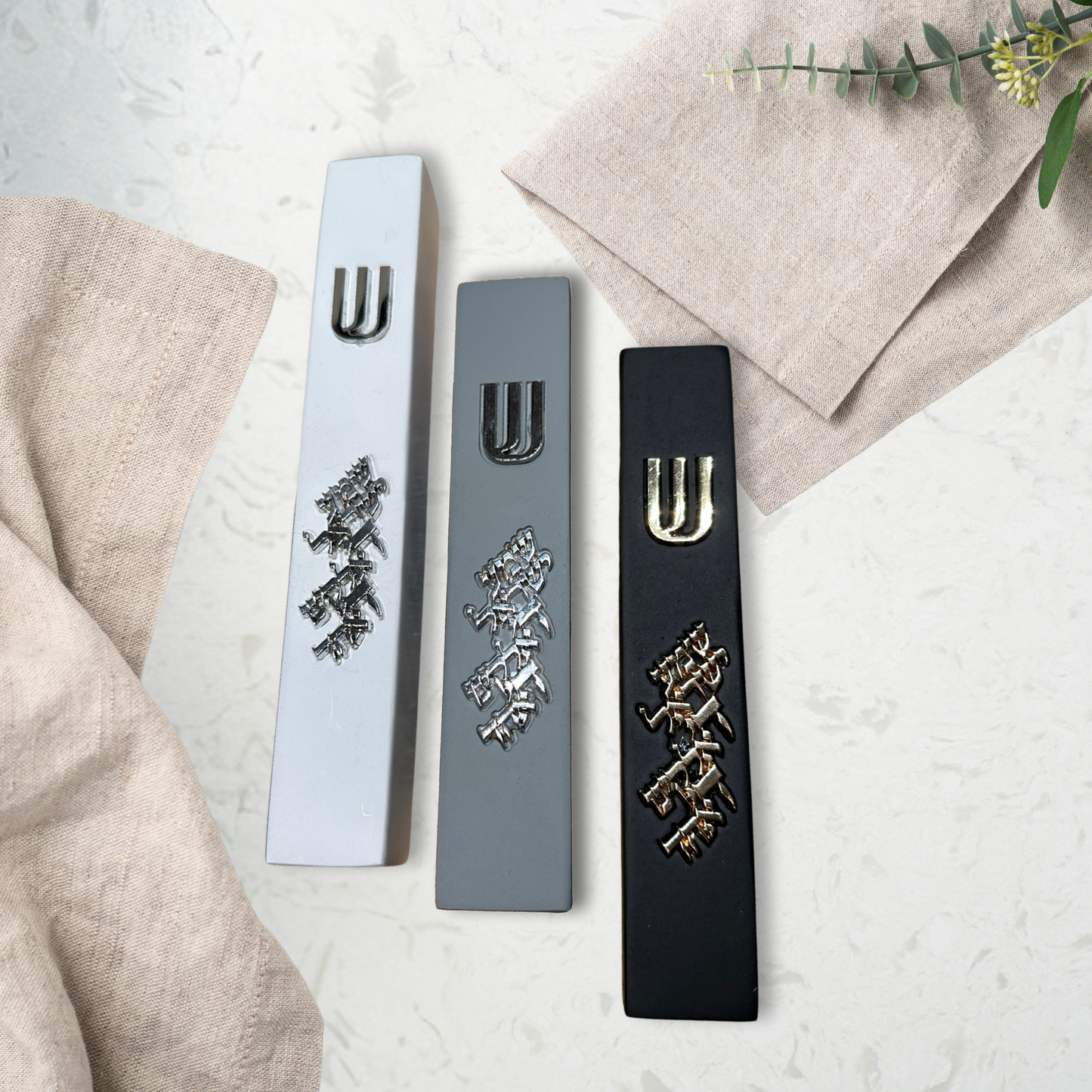 Modern Concrete Mezuzah Case – Stone Design with Metal Shema Yisrael Inscription for Home Blessing and Protection